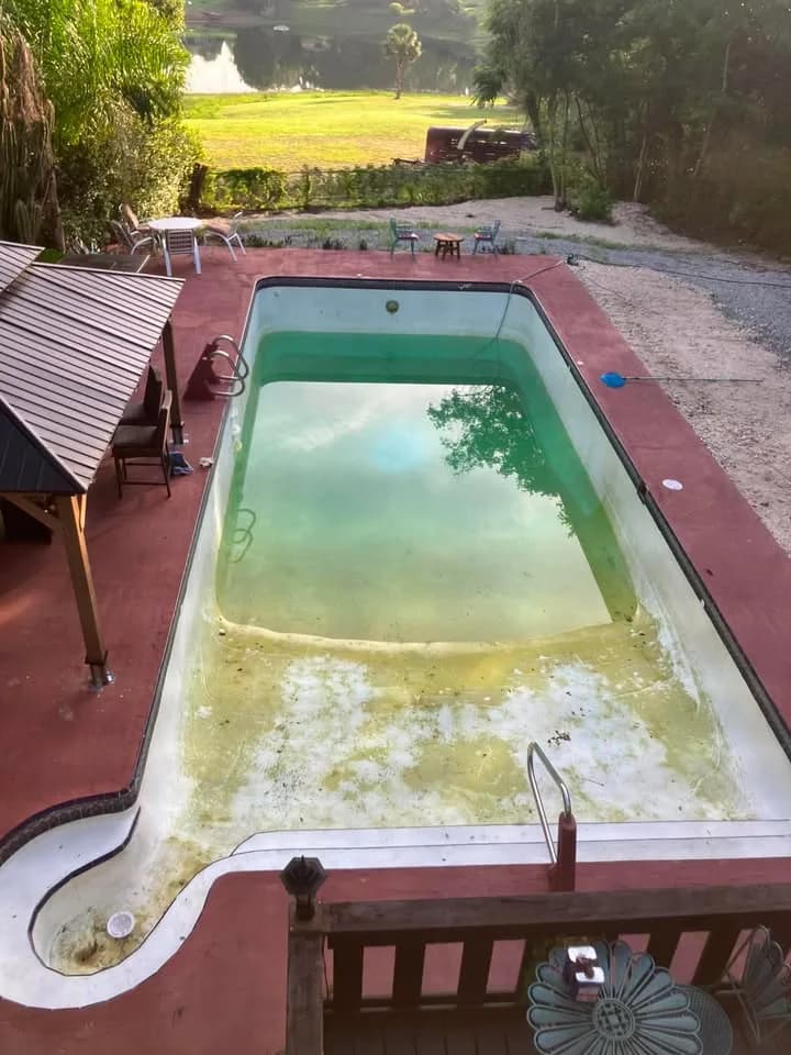 In-ground pool before restoration — green algae-stained water and dirty surfaces