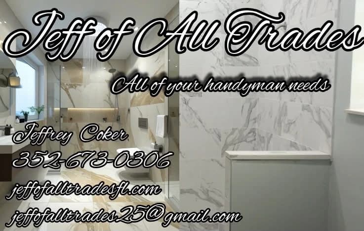 Jeff Of All Trades business card: Jeffrey Coker Jr., (352) 673-0306, jeffofalltradesfl.com, jeffofalltrades25@gmail.com