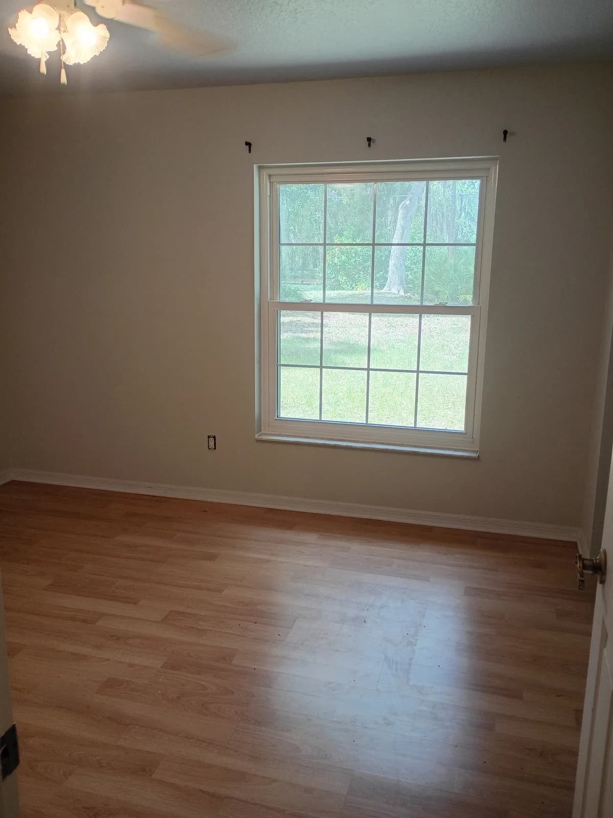 Bedroom after painting — warm beige walls with large window