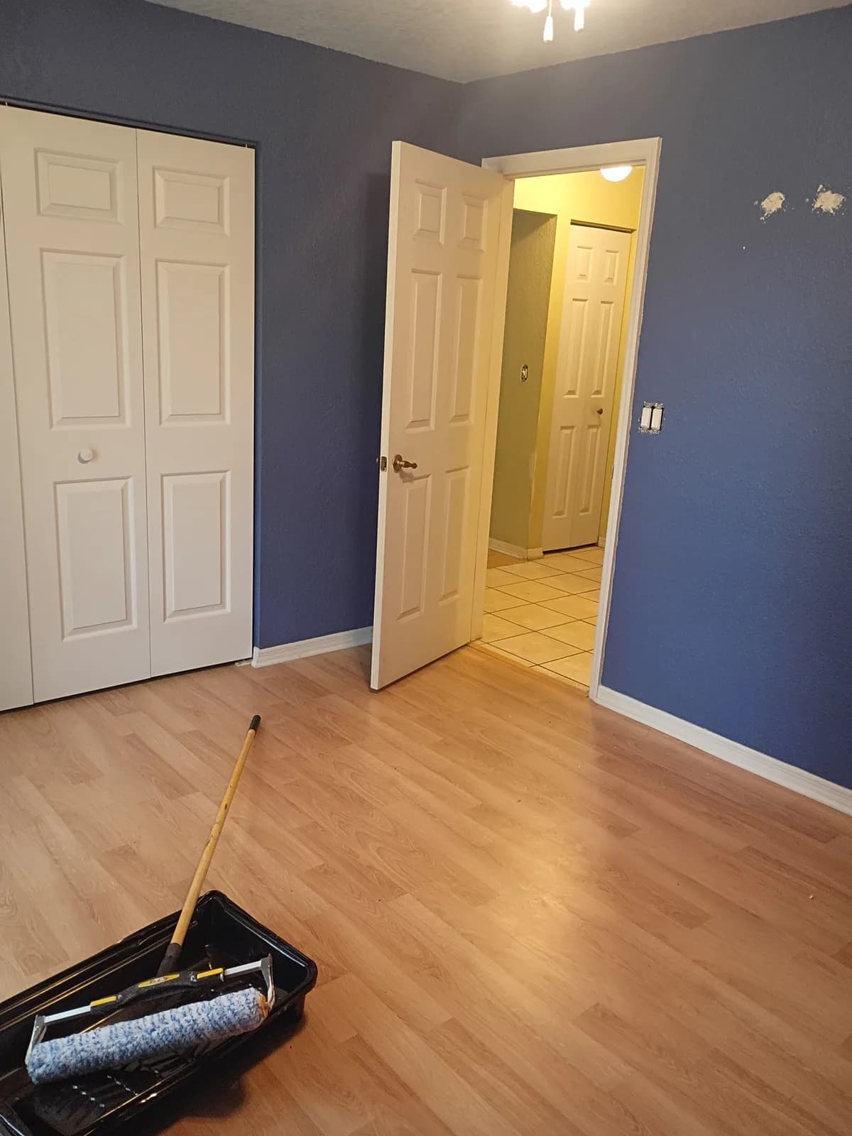 Bedroom with closet before painting — blue walls, hallway visible