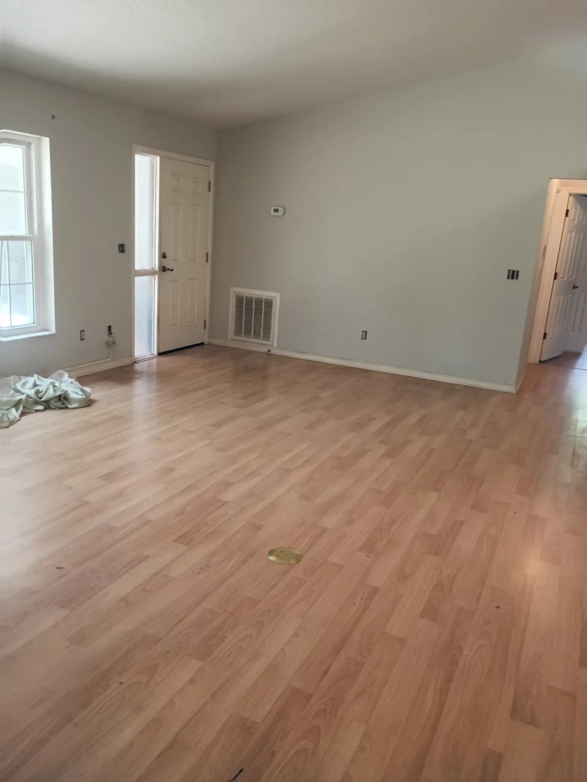 Living room after painting — front entry and light gray walls